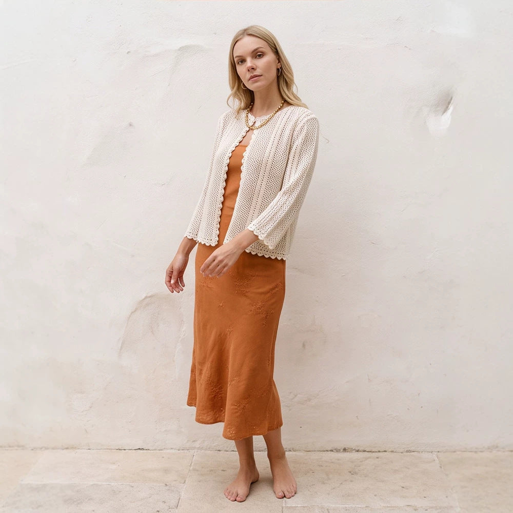 Damen gehäkelte Kurzjacke mit gewelltem Saum, offenem Vorderteil & 3/4-Ärmeln Drune