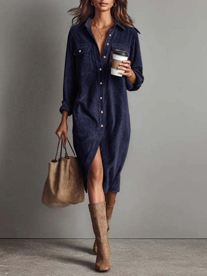 Damen Hemdblusenkleid aus Cord mit Brusttaschen, Knopfleiste und Schlitze Drune