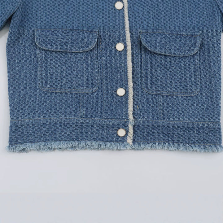 Damen Kurzjacke aus strukturiertem Denim mit Fransenbesatz und Pattentaschen Drune