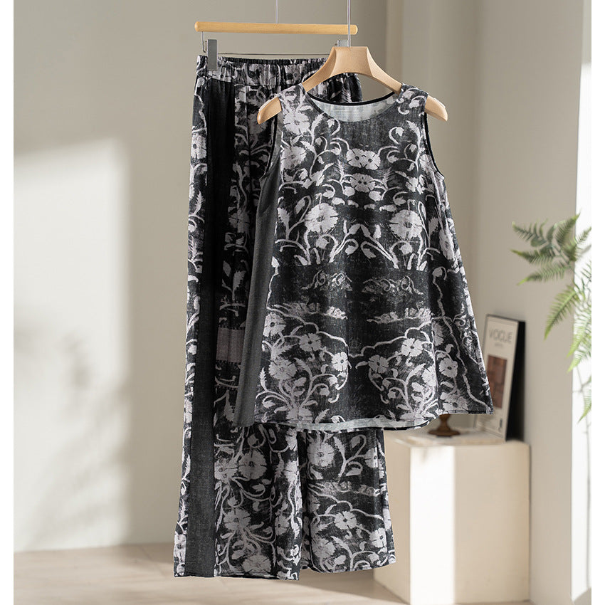 Damen Weite Leinenmix-Hose mit Elastikbund, Palazzoschnitt und ornamentalem Print Drune