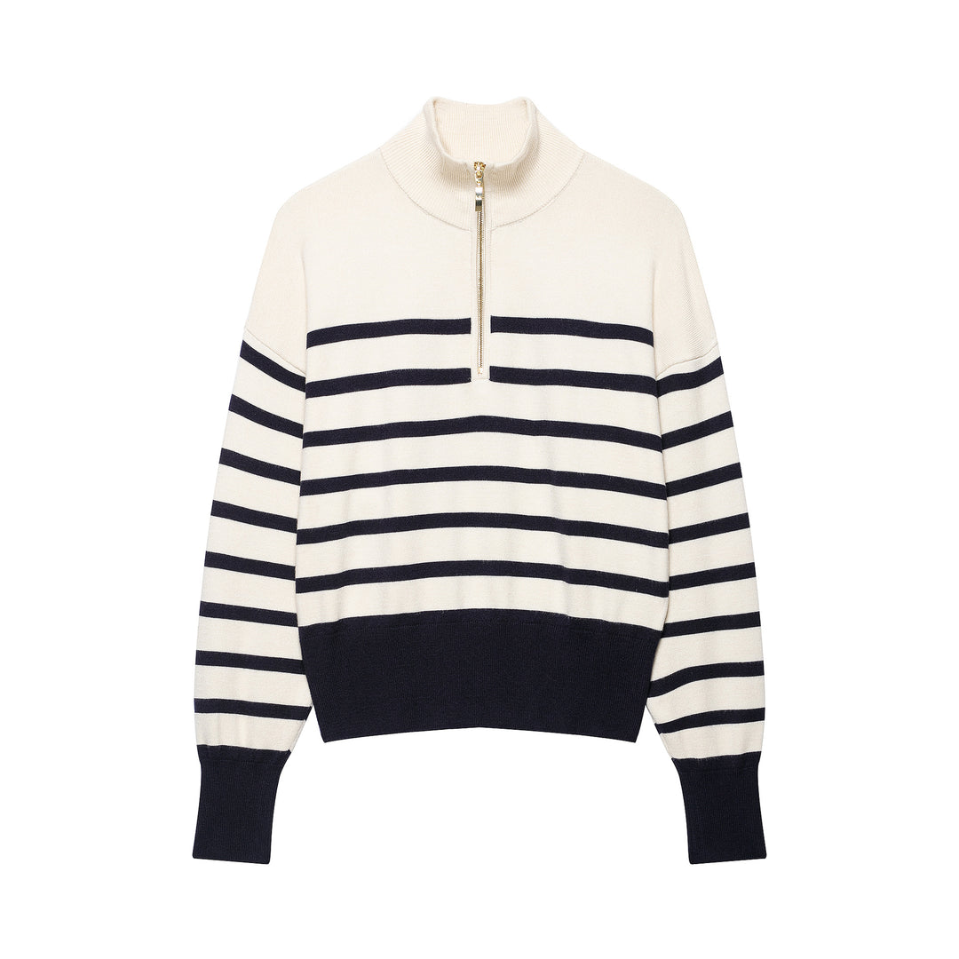Damen Gestreifter Half-Zip Strickpullover mit Stehkragen Drune