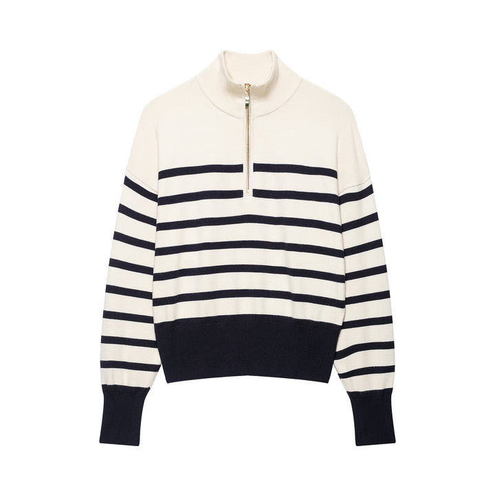 Damen Gestreifter Half-Zip Strickpullover mit Stehkragen Drune