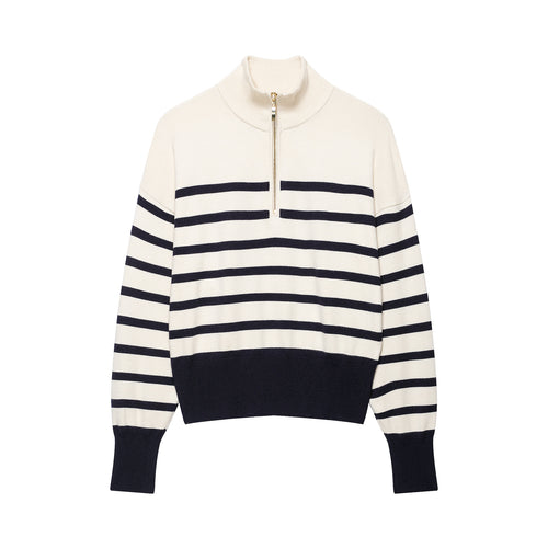 Damen Gestreifter Half-Zip Strickpullover mit Stehkragen Drune