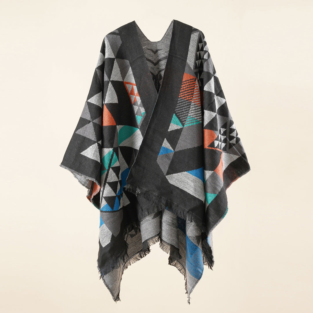 Damen Oversize-Ruana im Jacquard-Wickelstil mit dreieckigem Muster und Fransensaum Drune