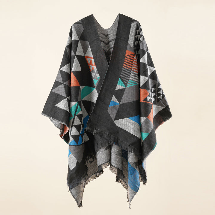 Damen Oversize-Ruana im Jacquard-Wickelstil mit dreieckigem Muster und Fransensaum Drune