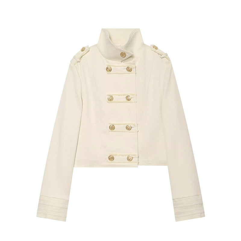 Damen Cropped Militärblazer mit Stehkragen, Epauletten und dekorativer Zierknopfleiste Drune