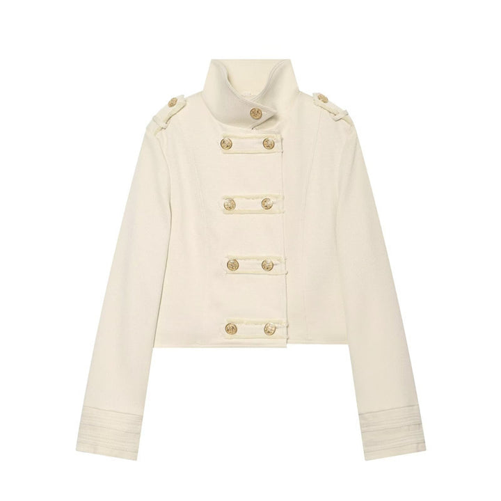 Damen Cropped Militärblazer mit Stehkragen, Epauletten und dekorativer Zierknopfleiste Drune