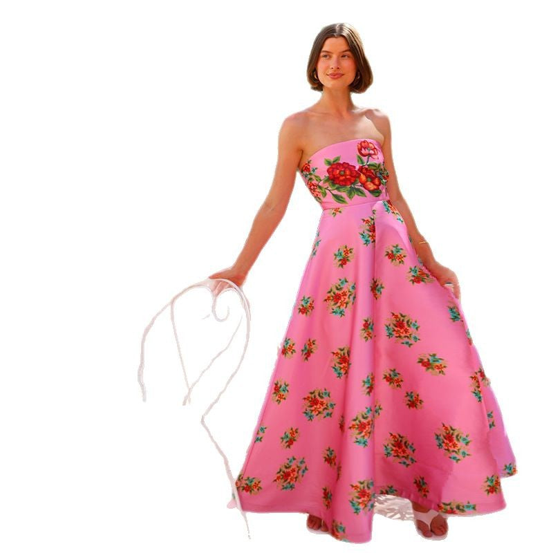 Damen Ballkleid mit floralem Oberteil und schwingendem Rock Drune