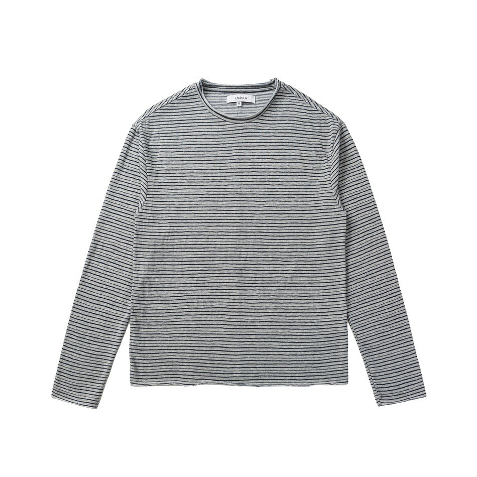 Unisex Fein gestreiftes Langarmshirt aus Baumwollmischung mit Rundhalsausschnitt Drune