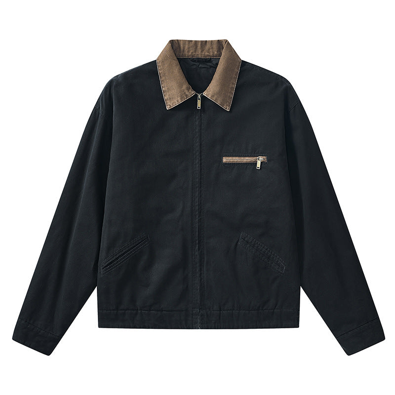 Men's  vintage-inspired zip-front workwear jacket with contrast collar and angled welt pockets Drune