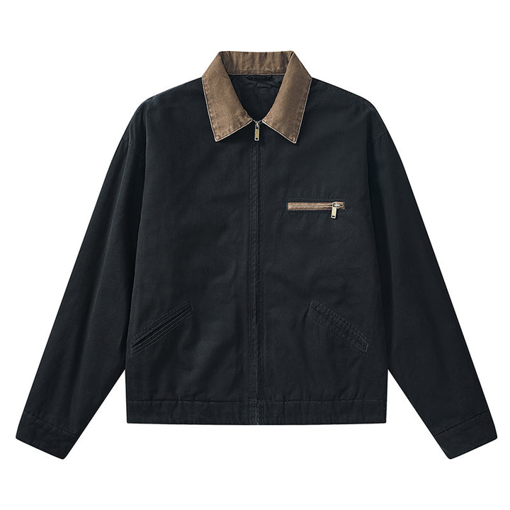 Men's  vintage-inspired zip-front workwear jacket with contrast collar and angled welt pockets Drune
