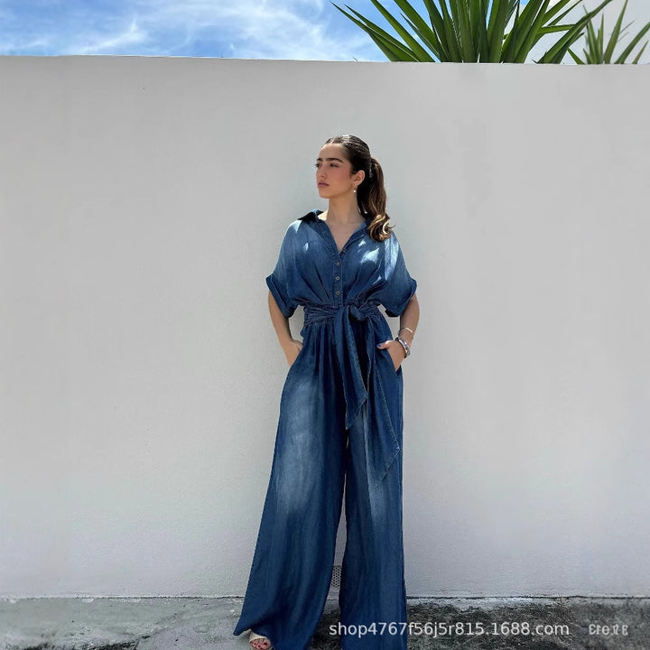 Damen lässiger Denim-Overall mit weitem Bein und praktischen Taschen Drune