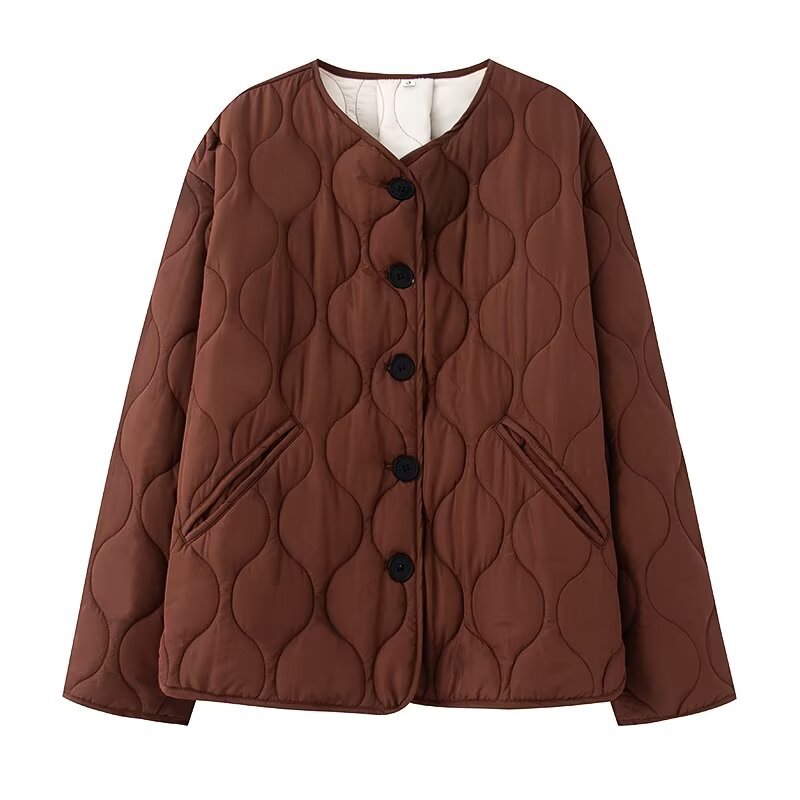 Damen Steppjacke ohne Kragen mit Rundhalsausschnitt, Boxy‑Schnitt und dekorativer Wellensteppung Drune