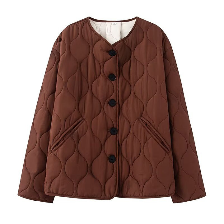 Damen Steppjacke ohne Kragen mit Rundhalsausschnitt, Boxy‑Schnitt und dekorativer Wellensteppung Drune