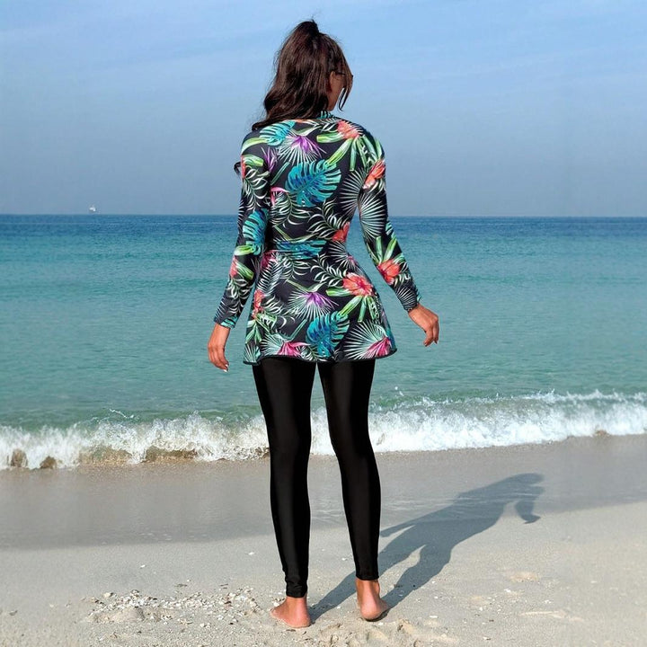 Damen Sportlicher Langarm-Badeanzug mit schwingendem Rock Drune