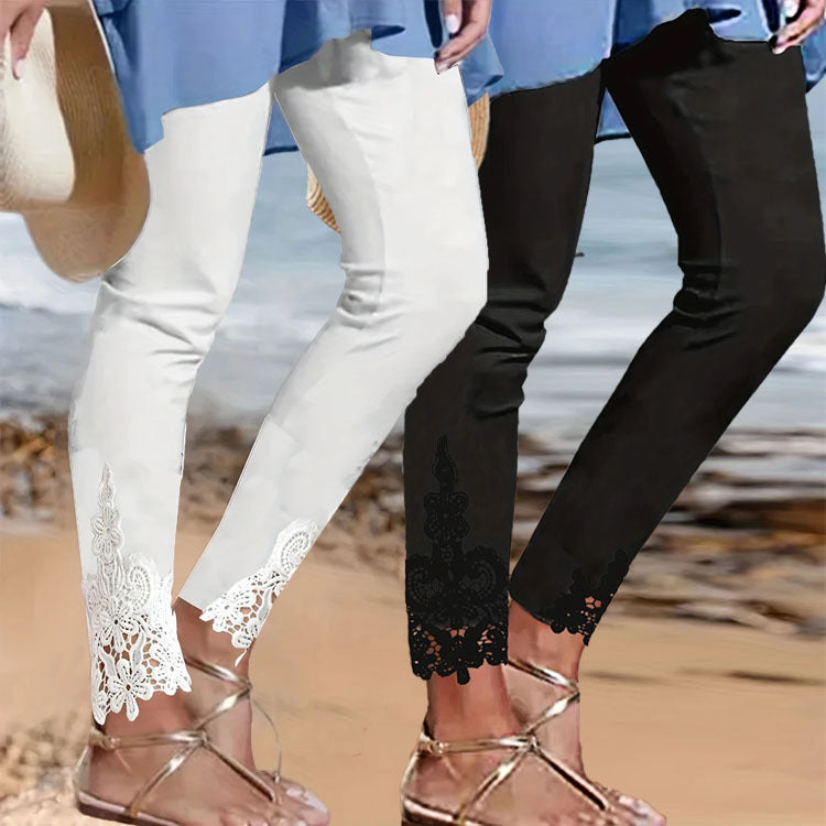 Damen Leggings mit spitzenbesetztem Saum und elastischem Bund Drune