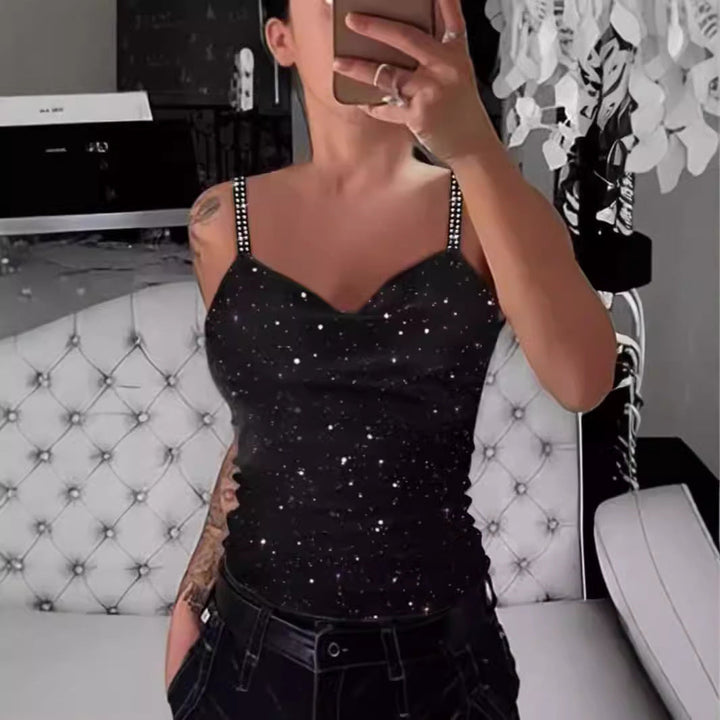 Damen Elegante Spaghetti-Träger Top mit Glitzer-Details Drune