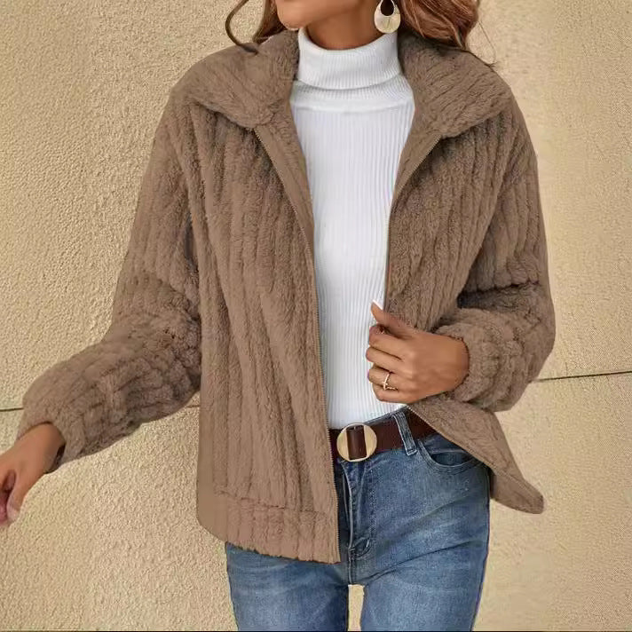 Damen nan kuschelige Teddyjacke mit durchgehendem Reißverschluss, Stehkragen und Eingrifftaschen Drune