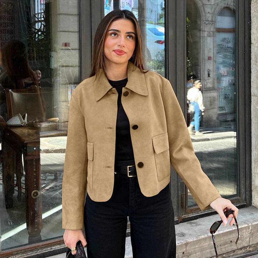 Damen Modische Wildlederjacke im lässigen Schnitt mit praktischen Taschen Drune