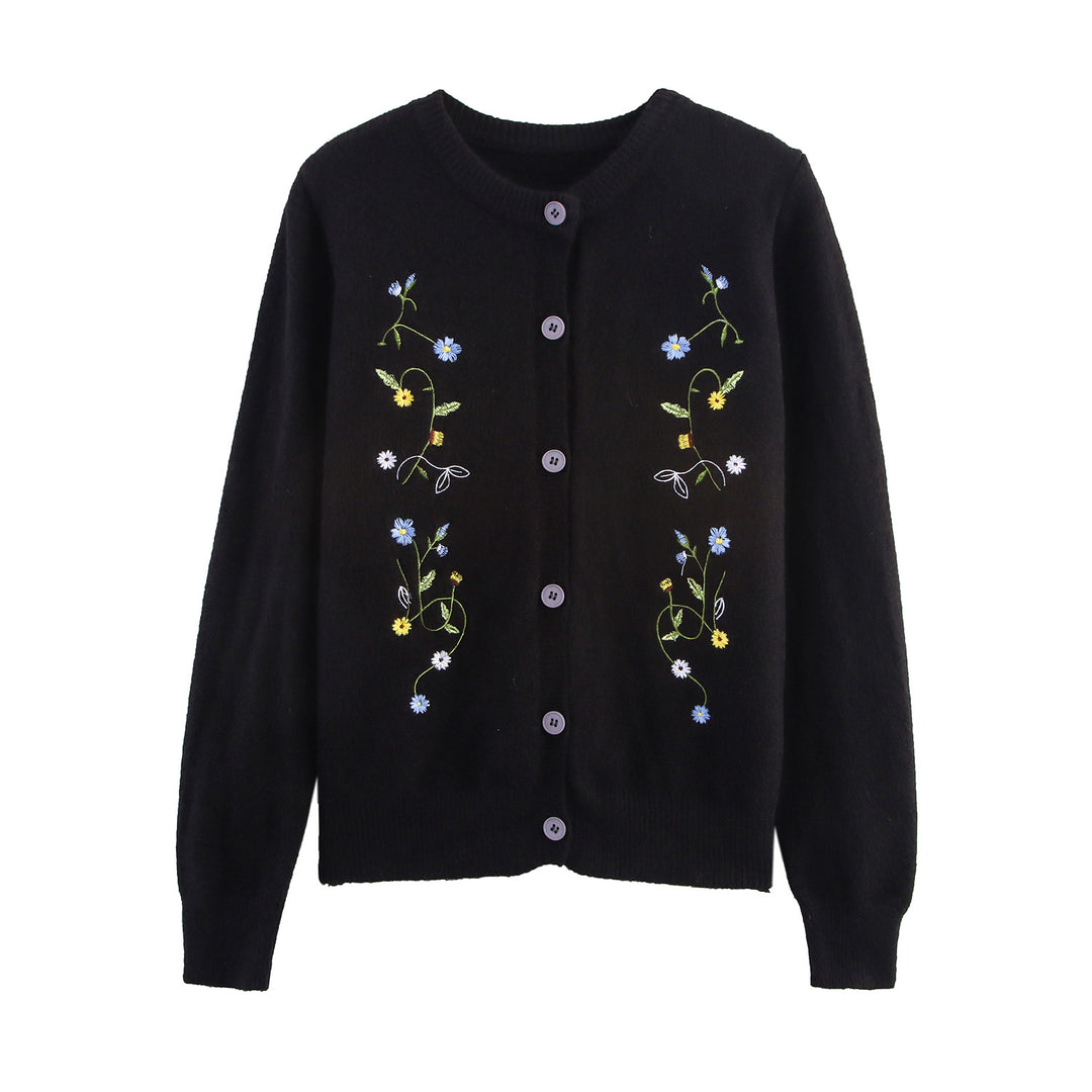 Damen Strickjacke mit floralem Stickdesign und dekorativen Knöpfen Drune