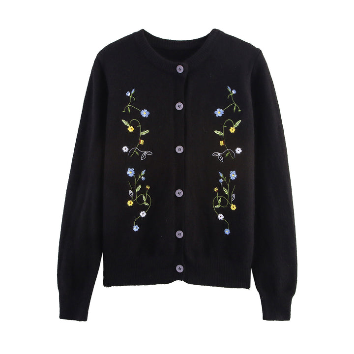 Damen Strickjacke mit floralem Stickdesign und dekorativen Knöpfen Drune