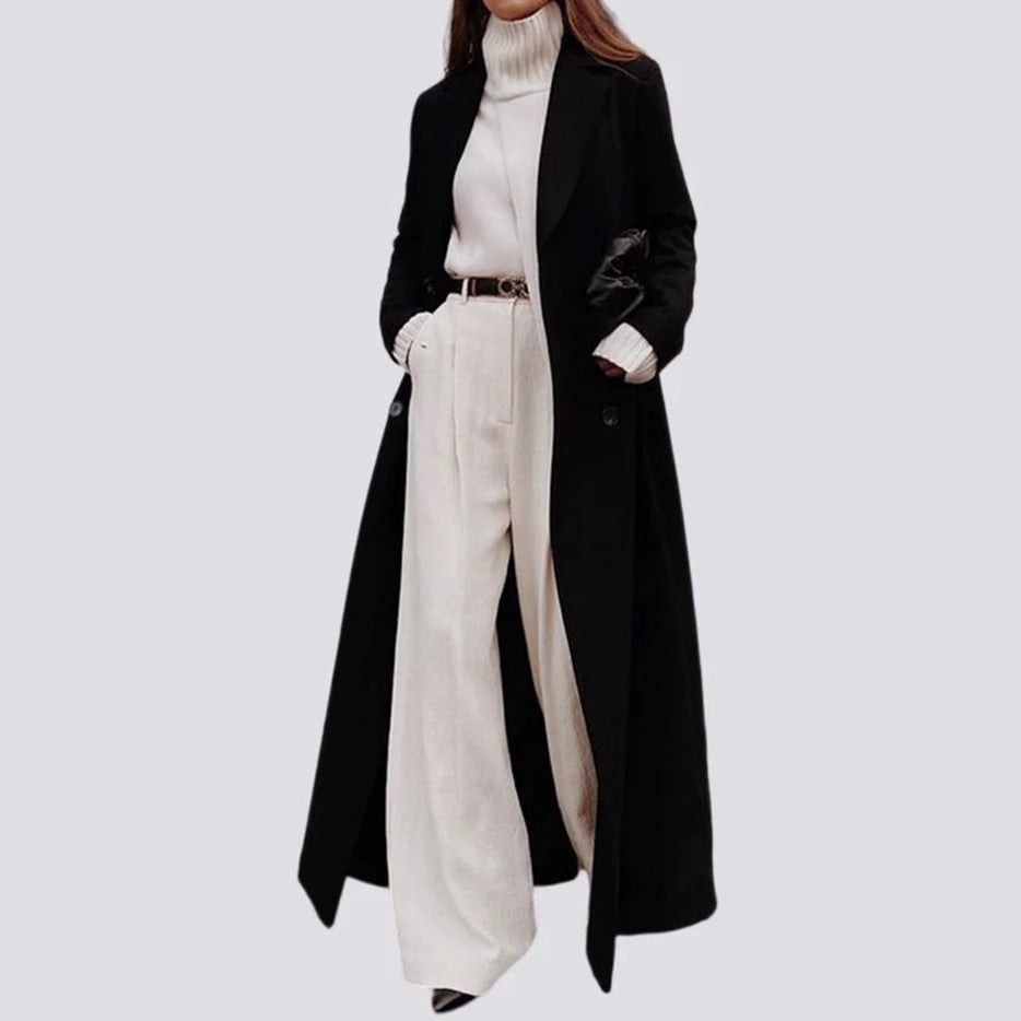 Damen Eleganter Oversized Wolle-Mantel mit schmalem Gürtel Drune