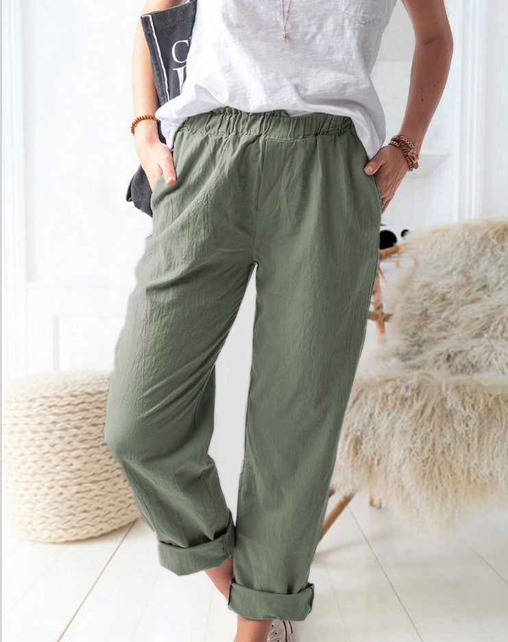 Damen lässige Leinenhose mit elastischem Bund und praktischen Taschen Drune