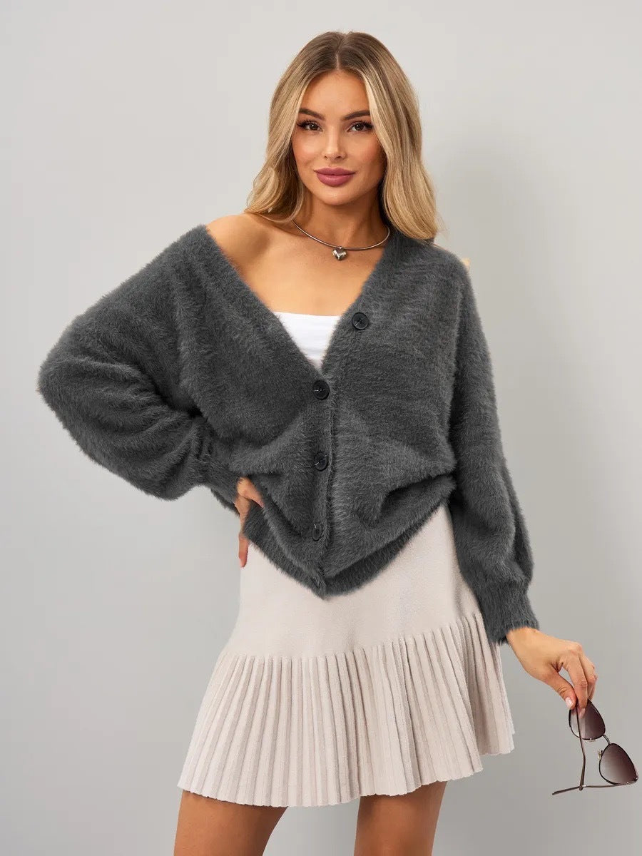 Damen kuschelige Strickjacke mit asymmetrischem Schnitt und Knopfverschluss Drune