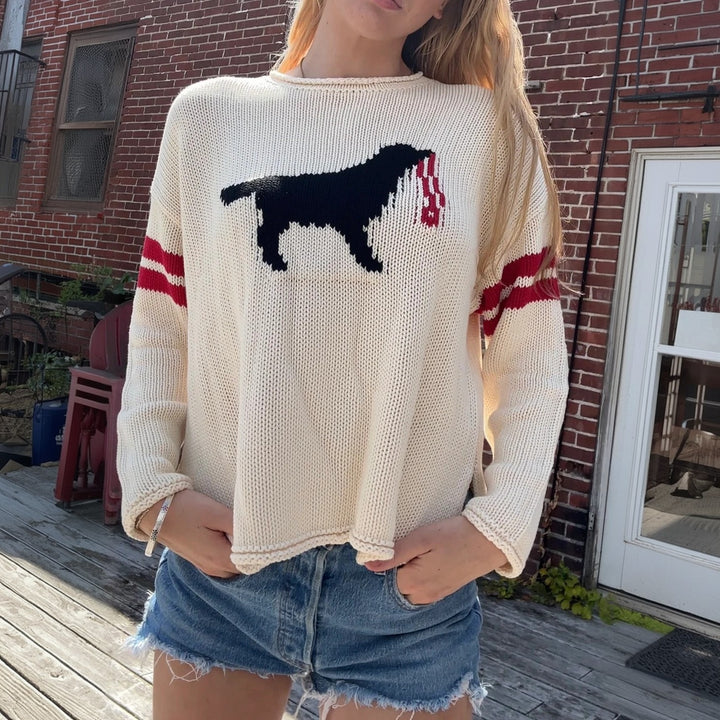 Damen Grobstrickpullover mit Hunde-Jacquard und Sportstreifen Drune