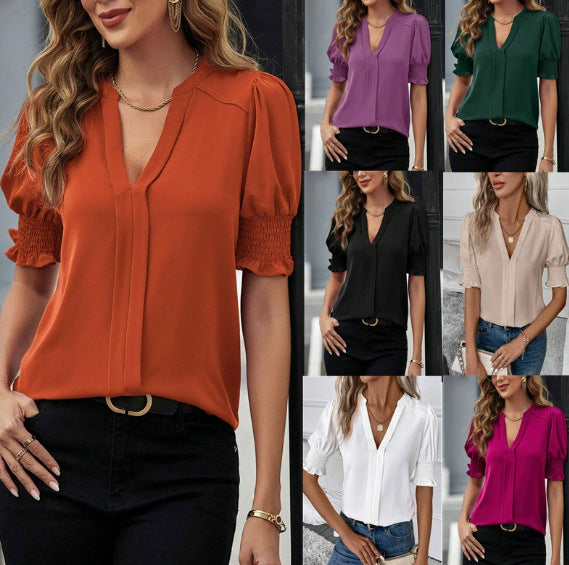 Damen Bluse mit V-Ausschnitt, gerafften Smock-Ärmeln und weichem Fall Drune