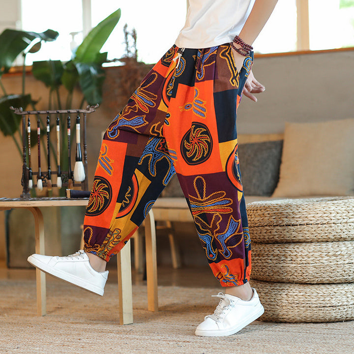 Herren Weite Haremshose im Boho-Print mit elastischem Tunnelzug und gekräuseltem Knöchelbund Drune