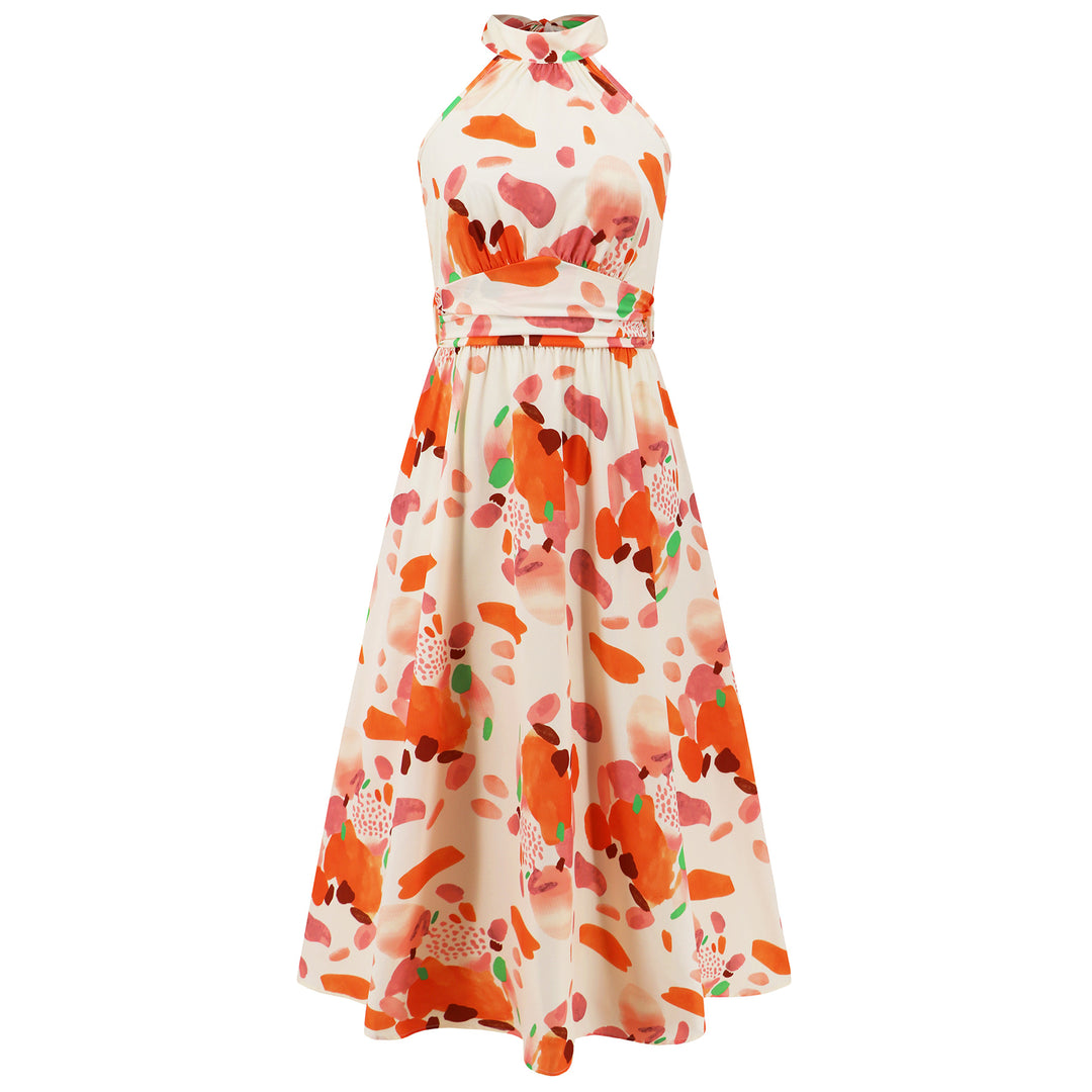 Damen Maxikleid mit hochgeschlossenem Kragen und buntem Blätterdruck Drune