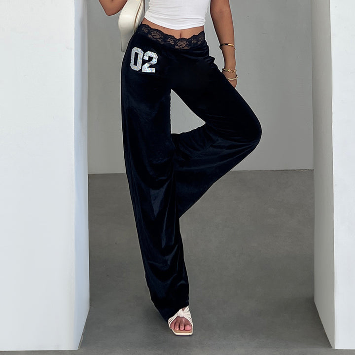 Damen weite Velvet-Palazzo-Hose mit Spitze Drune