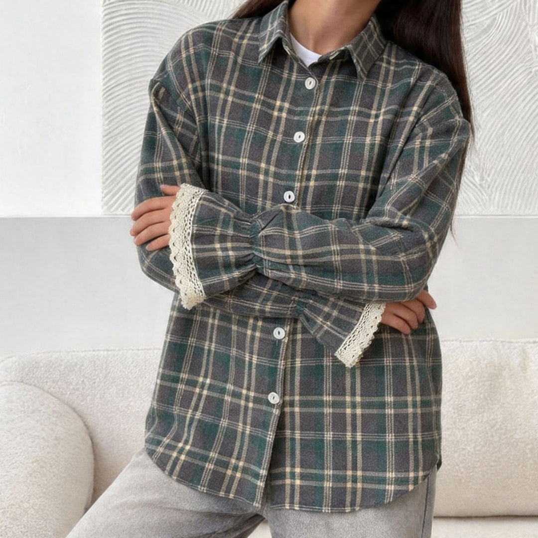 Damen Karo-Hemdbluse mit Spitzenmanschetten und Oversize-Schnitt Drune