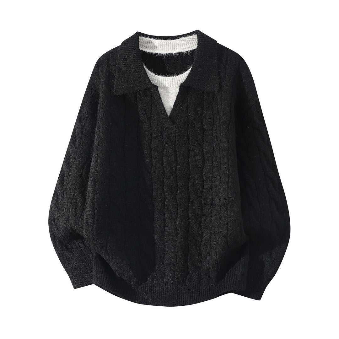 Damen Oversize Zopfmuster-Pullover mit offenem Polokragen & Layer‑Look Drune