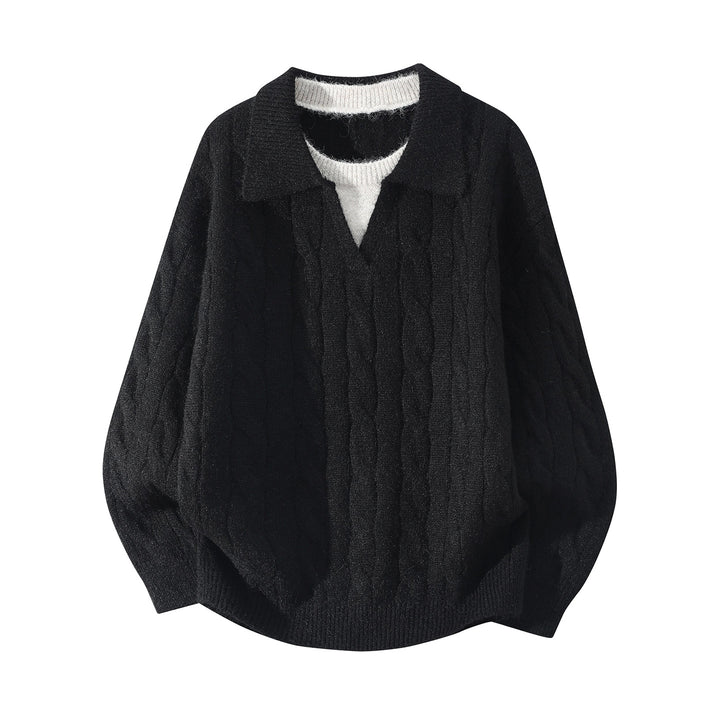 Damen Oversize Zopfmuster-Pullover mit offenem Polokragen & Layer‑Look Drune