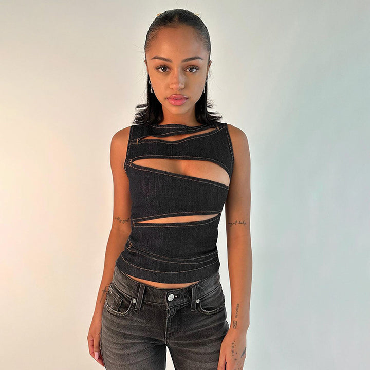 Damen figurbetontes Denim-Top mit asymmetrischen Cut-Outs und stylischem Design Drune