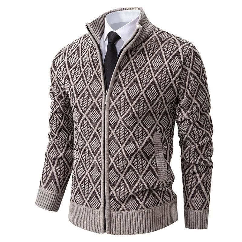 Herren Strickzipjacke mit Rautenmuster, Stehkragen und durchgehendem Reißverschluss Drune