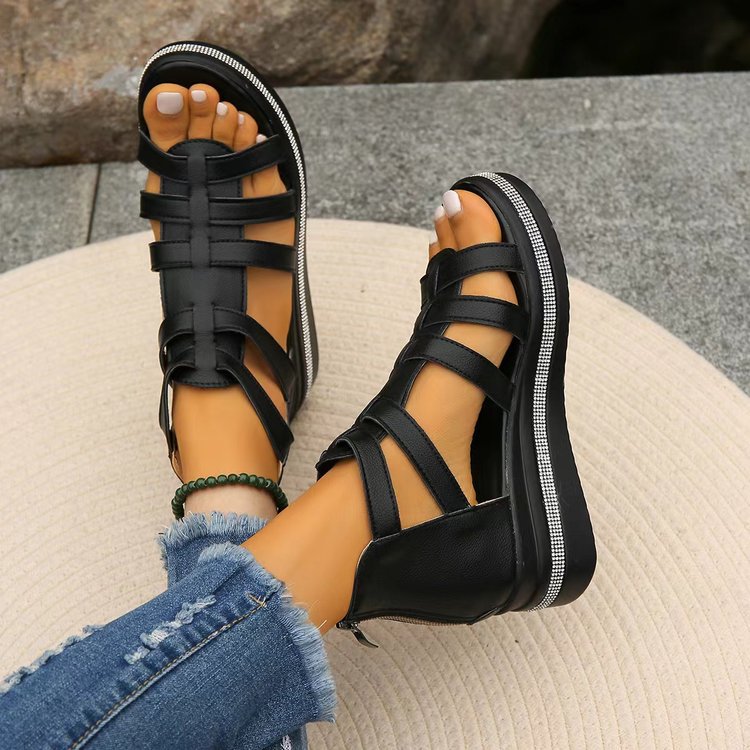 Damen Keil-Sandalen mit Gladiator-Riemen, Reißverschluss und gepolstertem Plateau Drune