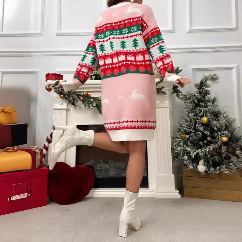 Damen Winter-Strickkleid mit festlichem Weihnachtsmotiv und langem Schnitt Drune