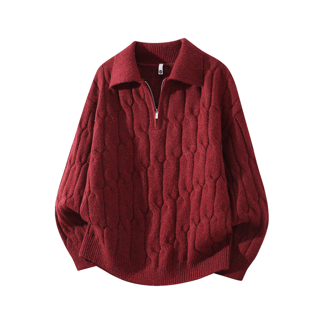Unisex Oversize Zopfstrickpullover mit Halbreißverschluss und Hemdkragen Drune