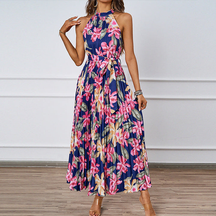 Damen Maxikleid mit detaillierter Plisseeverarbeitung und schickem Bindegürtel Drune