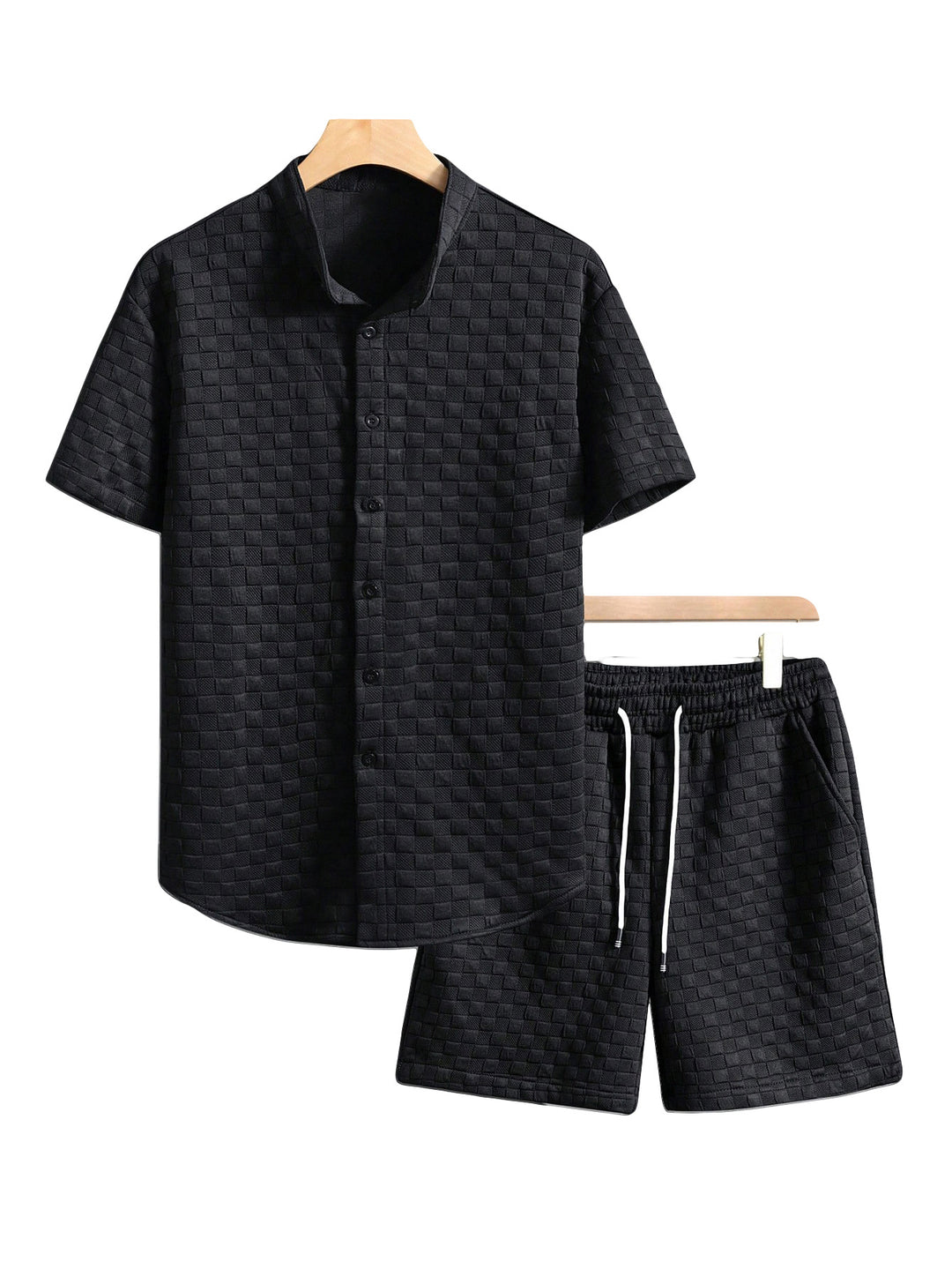 Herren nan zweiteiliges Sommerensemble mit Stehkragen-Hemdjacke und elastischen Komfort-Shorts in geprägter Karo-Textur Drune