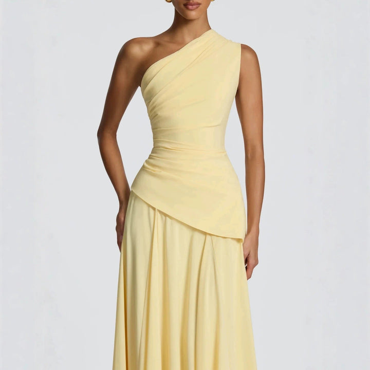 Damen Elegantes One-Shoulder Maxikleid mit fließenden Drapierungen Drune