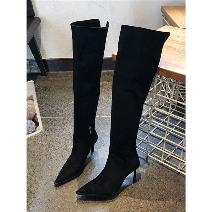 Damen Overknee-Stiefel aus Veloursoptik mit spitzer Zehenform und schmalem Absatz Drune