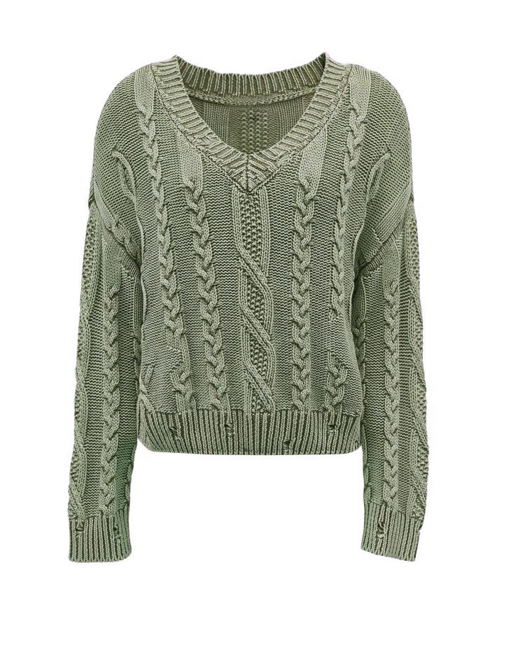 Damen kuscheliger Grobstrickpullover mit V-Ausschnitt und Zopfdesign Drune