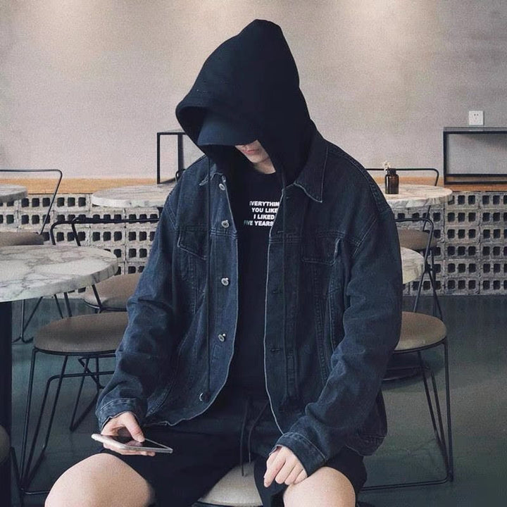 Herren lässige Denimjacke mit abnehmbarer Kapuze Drune