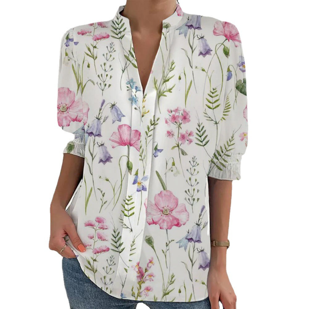 Damen Blumenprint Tunika-Bluse mit Stehkragen, geschlitzter V‑Blende und gerafften 3/4-Ärmeln Drune