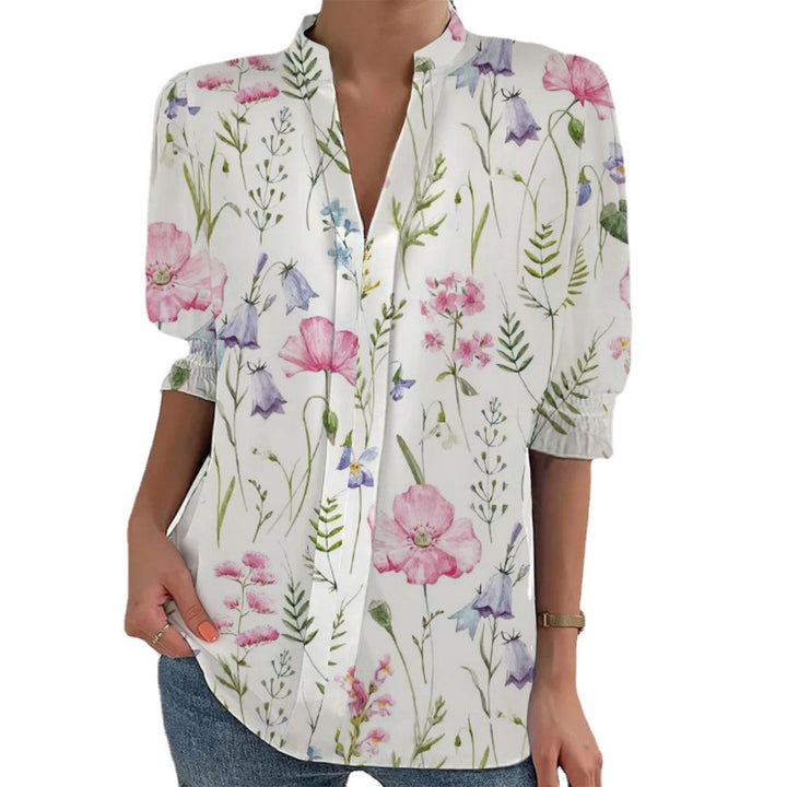 Damen Blumenprint Tunika-Bluse mit Stehkragen, geschlitzter V‑Blende und gerafften 3/4-Ärmeln Drune