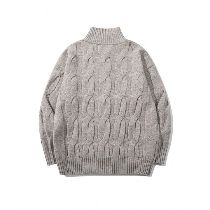 Unisex Grobgestrickter Reißverschluss-Cardigan mit Zopfmuster und hohem Rippkragen Drune